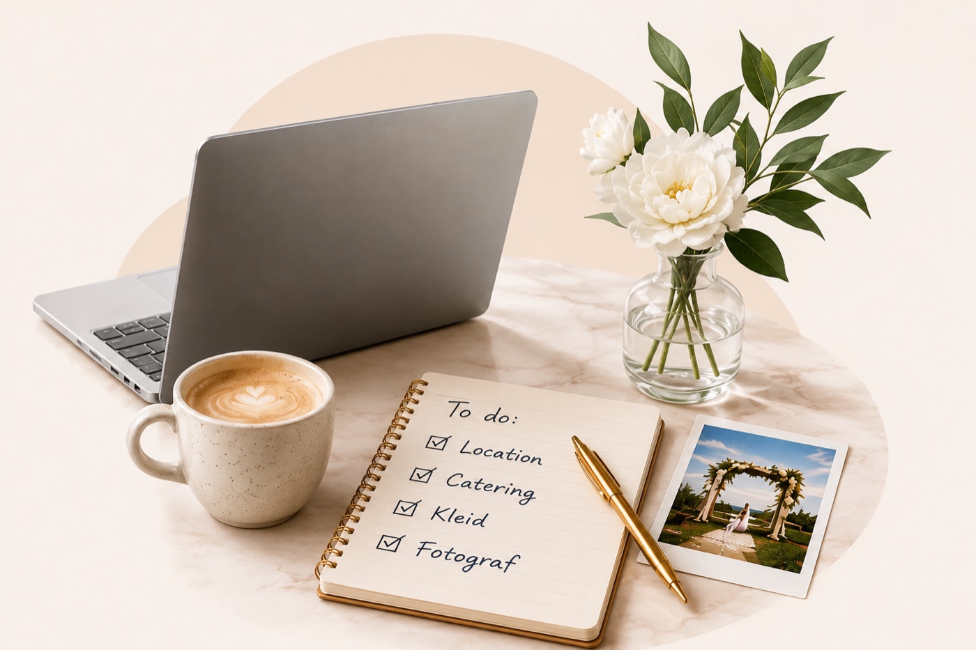 Hochzeitsplanung: To-do-Liste, Laptop und Kaffee