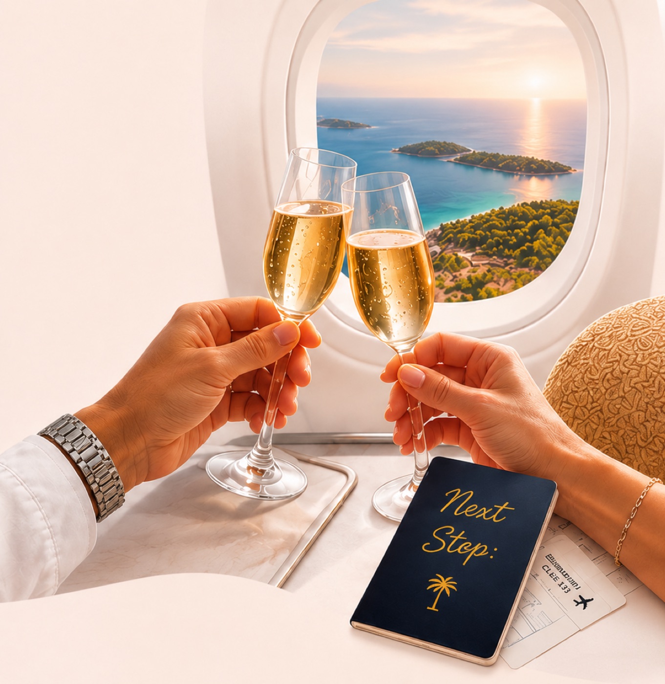 Mit Champagner anstoßen im Flugzeug über einer Insel